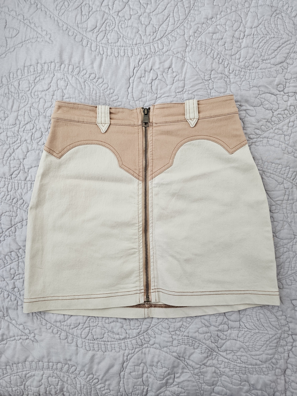 Two-Tone Cream and Tan Mini Skirt with Front Zip